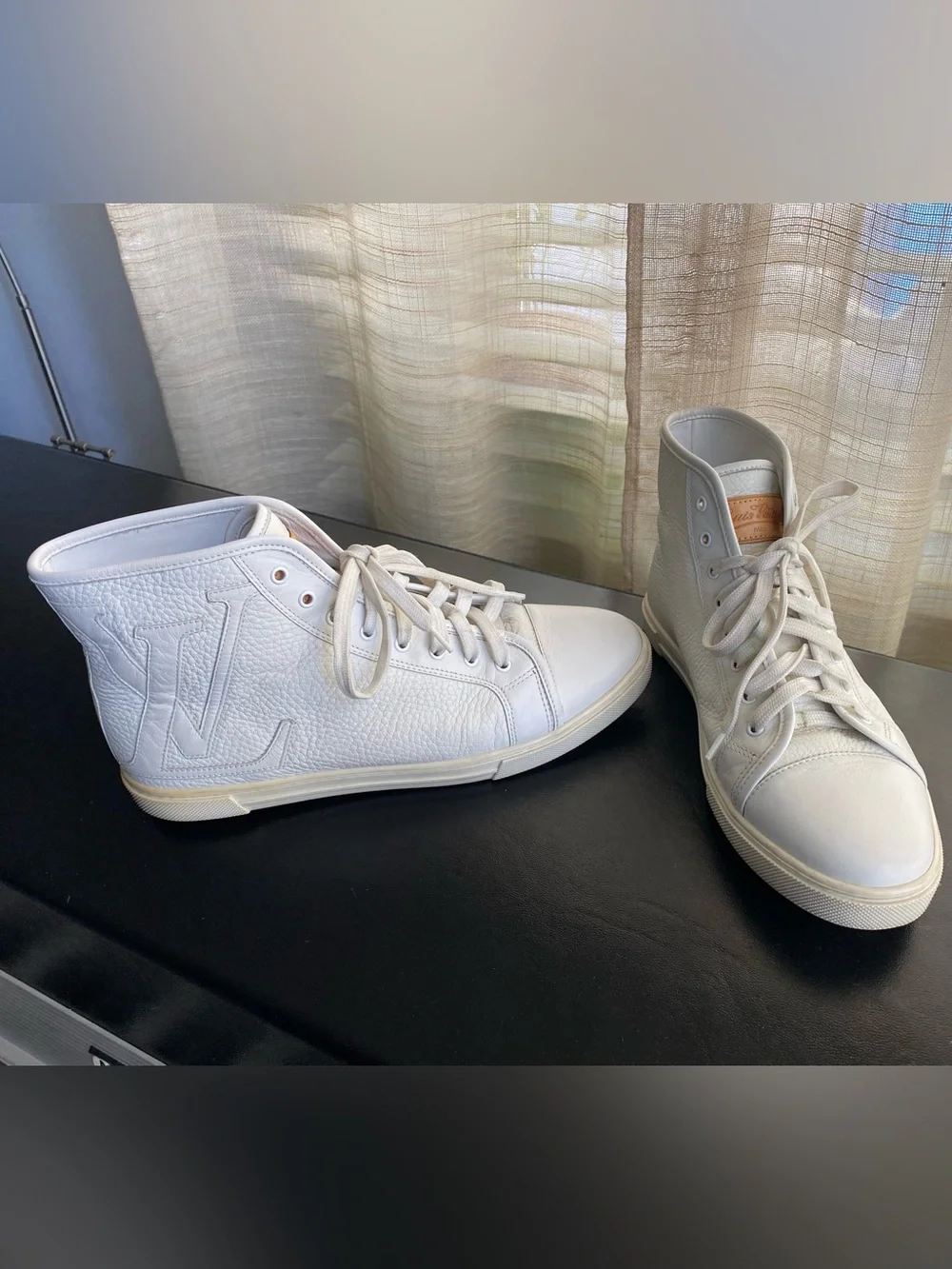 Louis Vuitton Cream White High-Top Leather Sneakers 37 Laced Rubber Shoes Italy